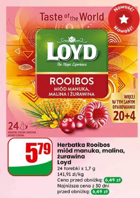 Herbatka Rooibos miód manuka, malina, żurawina