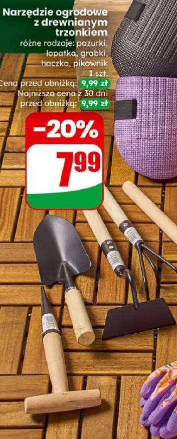 Narzędzie ogrodowe z drewnianym trzonkiem różne rodzaje: pazurki, łopatka, grabki, haczka, pikownik