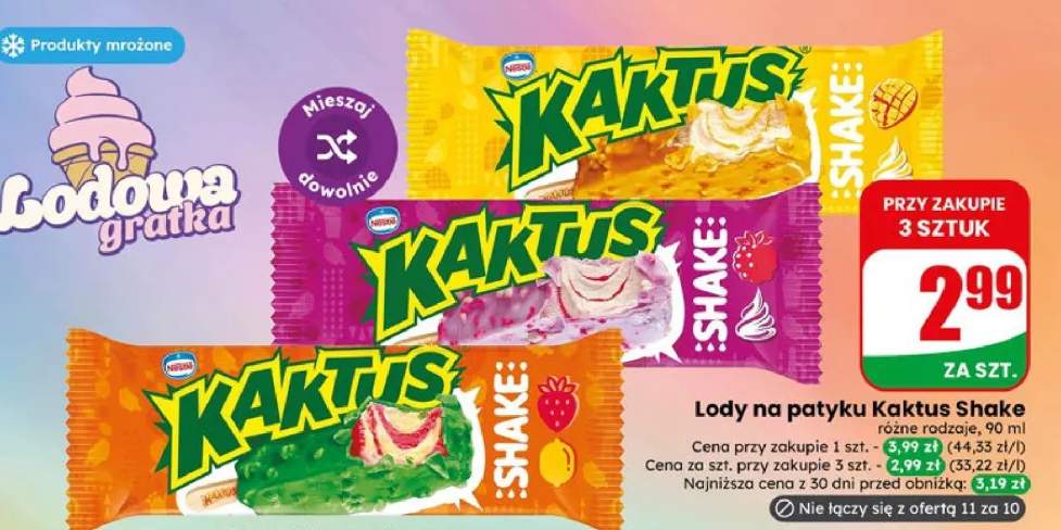 Lody na patyku Kaktus Shake różne rodzaje