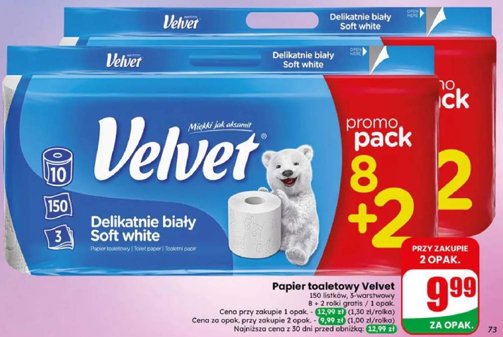 Papier toaletowy Velvet Delikatnie biały Soft white 150 listków 3-warstwowy