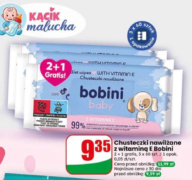 Chusteczki nawilżane z witaminą E Bobini baby 2+1 gratis 3x60szt