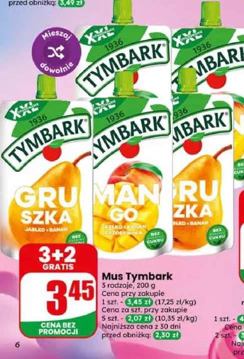 Mus Tymbark Gruszka Jabłko Banan bez dodatku cukru