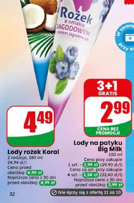 Lody rożek o smaku kokosowym Koral +1 wariant
