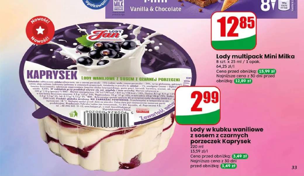 Lody w kubku waniliowe z sosem z czarnej porzeczki Kaprysek