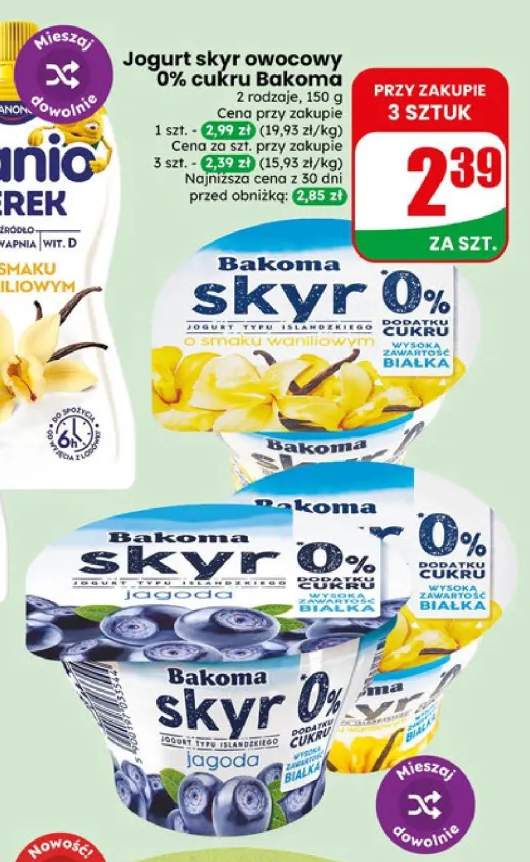 Jogurt skyr owocowy 0% cukru Bakoma waniliowy +1 wariant