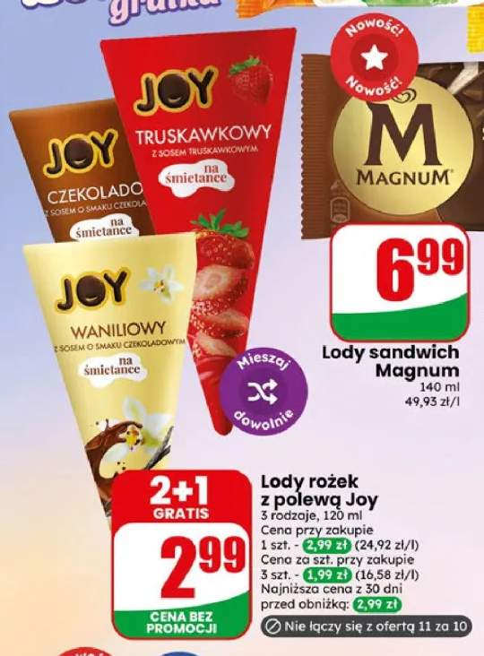 Lody rożek z polewą Joy czekoladowy +2 warianty