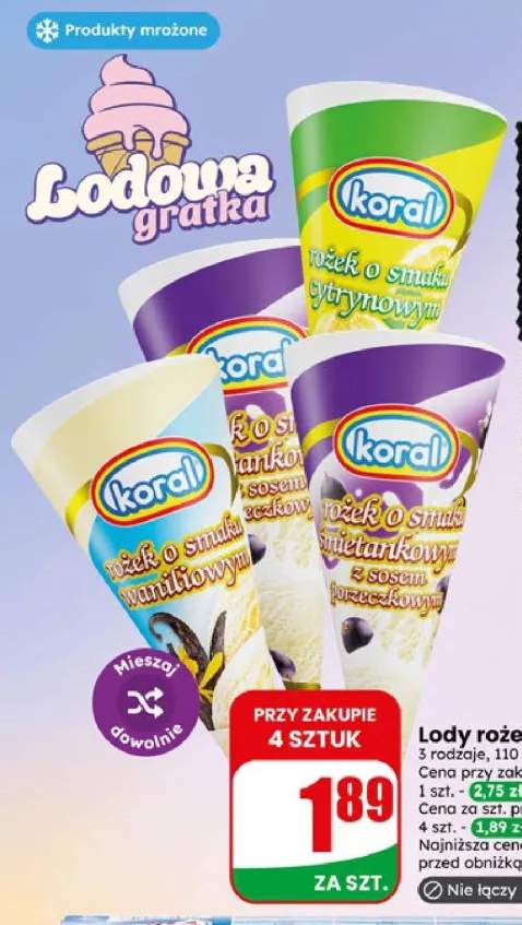 Lody rożek o smaku cytrynowym Koral +2 warianty