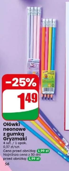 Ołówki neonowe z gumką Gryzmaki 4-pak
