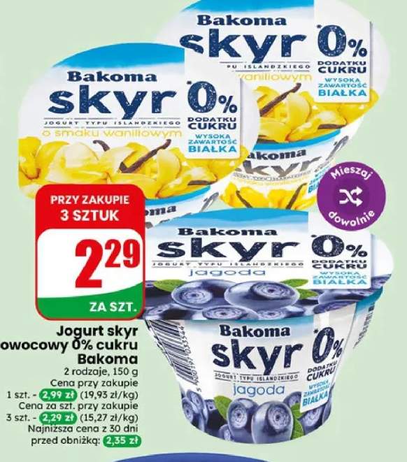 Jogurt skyr o smaku waniliowym cukru Bakoma 0% +1 wariant