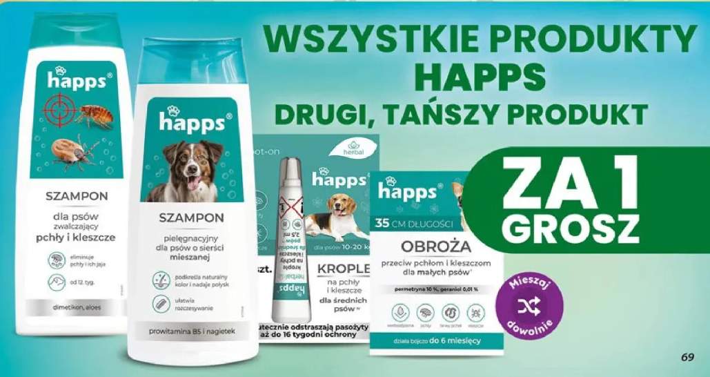 Szampon dla psów zwalczający pchły i kleszcze Happs +4 warianty