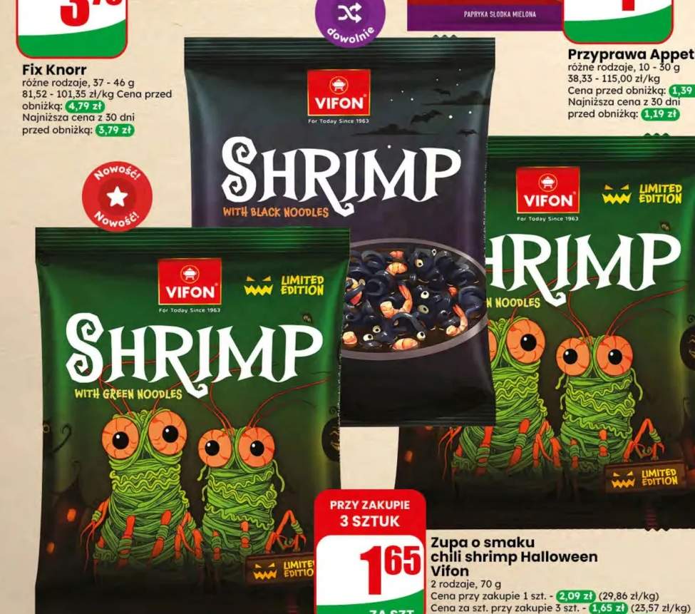 Zupa o smaku chili shrimp Halloween with green noodles Vifon +1 wariant